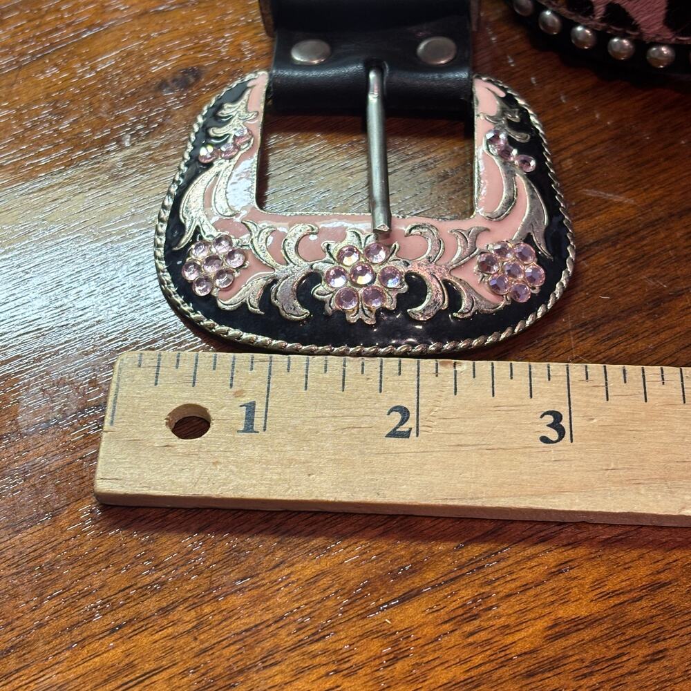 Y2K Pink Leopard Rhinestone Western Belt Studded Heavy Metal Buckle Cowgirl 41" - Picture 8 of 9